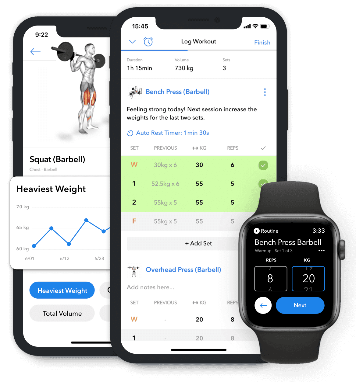 Workout logging app screens with exercise targets, logged sets, and progress charts